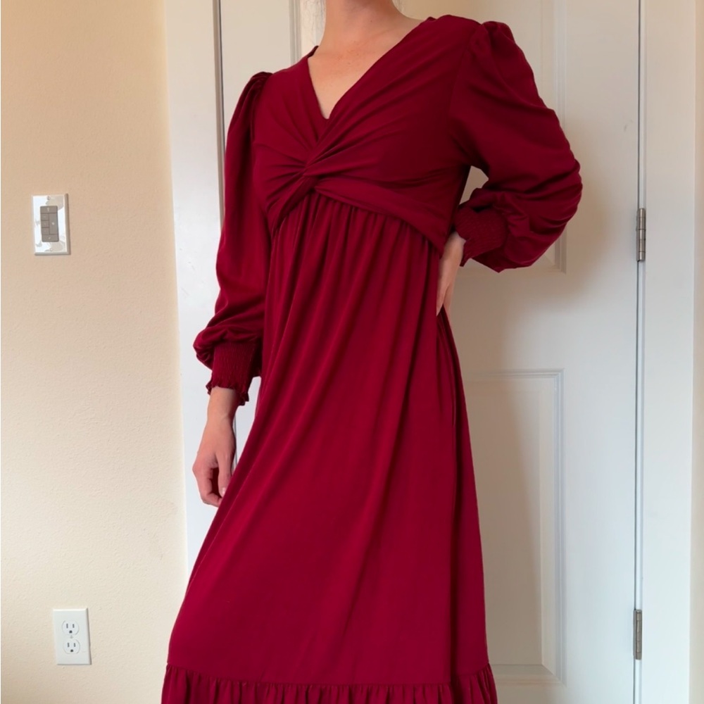 V-Neck Long Sleeve Empire Waist Midi Dress | Pockets Feminine Flowy | Wine